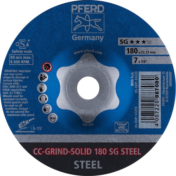 Pferd 61203 7in CC-GRIND-SOLID 7/8in A.H. - SG for STEEL 61203-PFERD - main